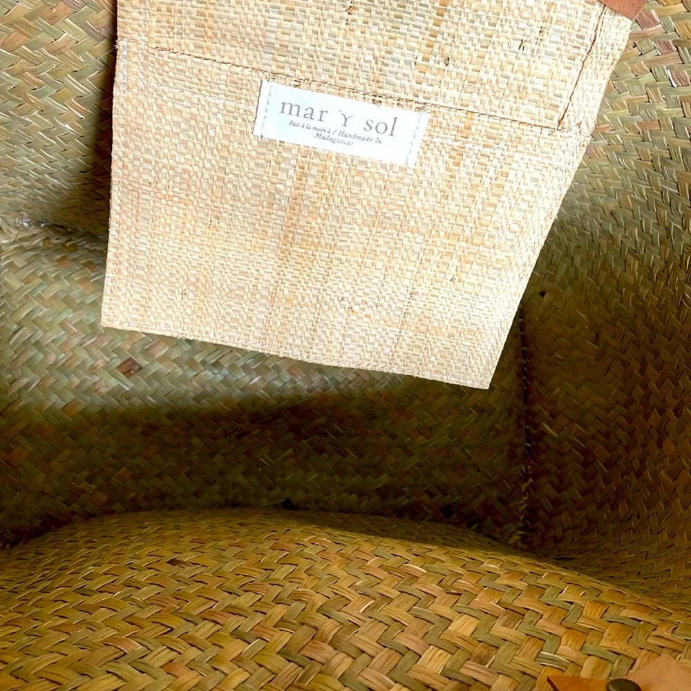 New mar y sol Aqua Tan Striped Woven Sea Grass Leather Handled Tote Beautiful - Picture 4 of 11